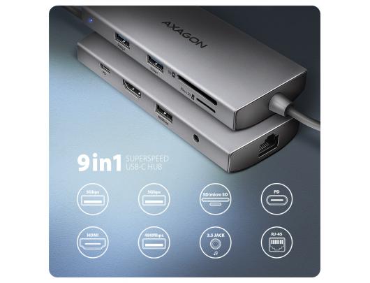 Jungčių stotelė USB-C šakotuvas AXAGON Audio USB-A 2 lizdai HDMI DisplayPort Ethernet PD