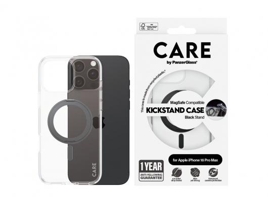 Dėklas PanzerGlass CARE iPhone 16 Pro Max Skaidrus su Juodu Atraminiu Stovu ir MagSafe
