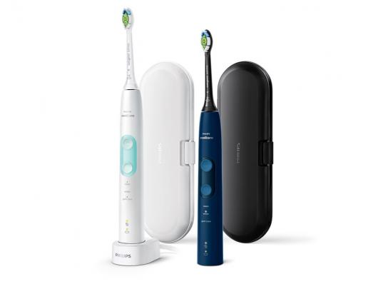 Elektriniai dantų šepetėliai Philips Sonicare ProtectiveClean 5100 Duo, įkraunami, 2 galvutės, 3 režimai, balti ir tamsiai mėlyni