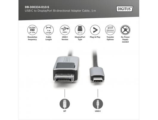Vaizdo adapterio kabelis Digitus USB-C į DisplayPort 1 m juodas