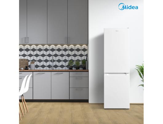 Šaldytuvas Midea MDRB369FGE01, laisvai pastatomas, 177.3 cm, apačioje šaldiklis, šaldytuvo talpa 197 litrai, šaldiklio talpa 65 litrai, klasė E, baltas.
