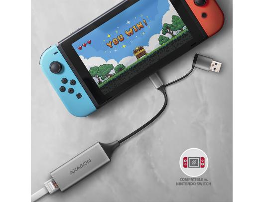 Adapteris AXAGON ADE-TXCA, USB 3.2 Gen 1 Gigabit Ethernet, Nintendo Switch palaikymas, USB C-A redukcija