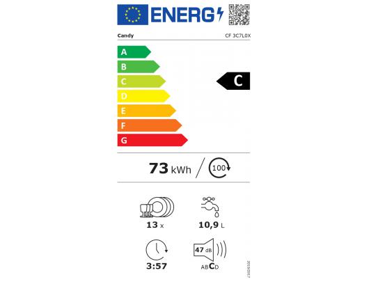 Indaplovė Candy RapidÓ CF 3C7L0X, plotis 59.7 cm, aukštis 85 cm, klasė C, Eco programa, talpa 13, Bluetooth Low Energy (LE), Wi-Fi, sidabrinė.
