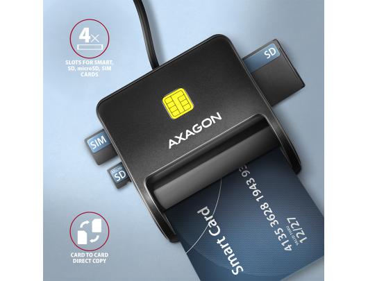 ID kortelių skaitytuvas AXAGON CRE-SM3SD, kompaktiškas stalo USB kontaktinis Smart/ID & SD/microSD/SIM, su ilgu USB-A kabeliu, USB 2.0/USB 1.1