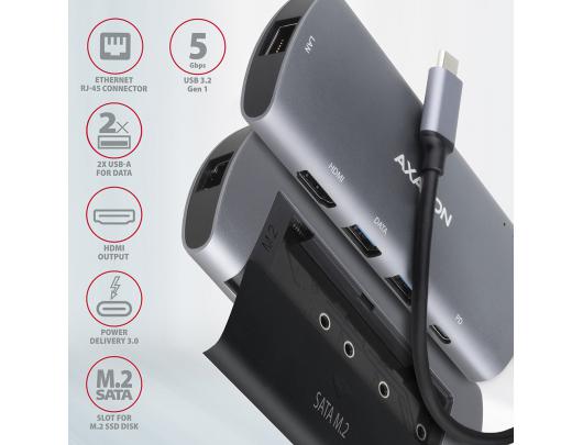 Jungčių stotelė AXAGON, USB-C 3.2 Gen 1 / Thunderbolt 3, pilka