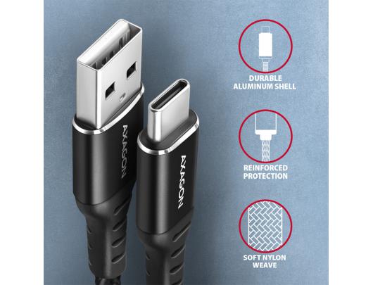 Kabelis AXAGON, duomenų ir įkrovimo, USB Type-C į USB Type-A, juodas, 1.5 m