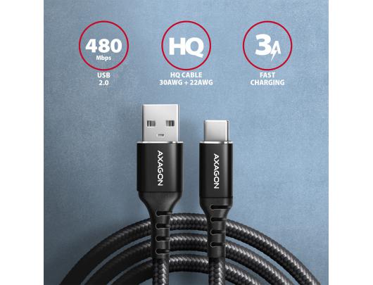 Kabelis AXAGON, duomenų ir įkrovimo, USB Type-C į USB Type-A, juodas, 1.5 m
