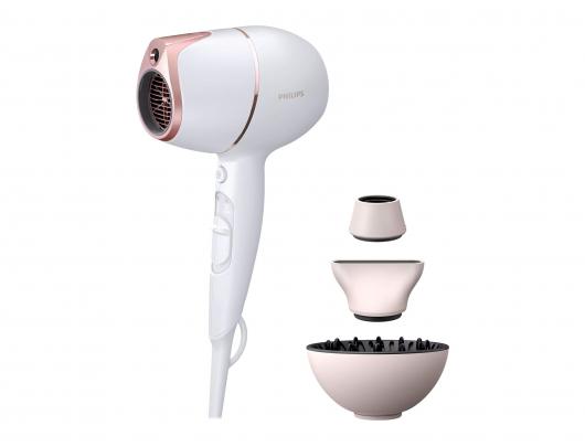 Plaukų džiovintuvas Philips BHD628/00 Prestige, SenseIQ, 1800 W, 3 temperatūros nustatymai, joninė funkcija, difuzoriaus antgalis, balta/rožinė.
