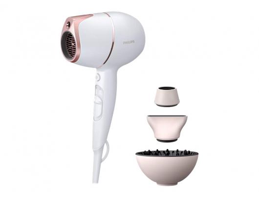 Plaukų džiovintuvas Philips BHD628/00 Prestige, SenseIQ, 1800 W, 3 temperatūros nustatymai, joninė funkcija, difuzoriaus antgalis, balta/rožinė.