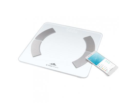 Svarstyklės ETA Vital Fitness ETA277990000, maksimalus svoris (talpa) 180 kg, tikslumas 100 g, kūno masės indekso (KMI) matavimas, baltos.