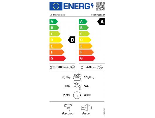 Skalbyklė-džiovyklė LG F4DR711S2BA, A/D, priekinis pakrovimas, 11 kg, 1400 RPM, 57x60 cm, TFT ekranas, džiovinimas 6 kg, garų funkcija, Wi-Fi, juoda.
