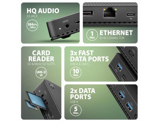 Jungčių stotelė AXAGON USB4 40Gbps DUAL 4K DISPLAY 12in1, juodas