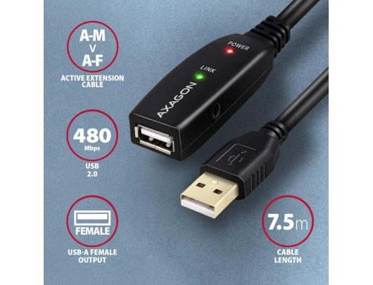 Kabelis AXAGON Active, prailginimo, USB Type-A, juodas, 7.5 m