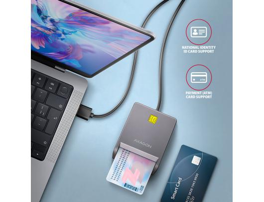Kortelių skaitytuvas AXAGON CRE-SM3T, kompaktiškas stalinio tipo USB kontaktinis Smart/ID kortelių skaitytuvas su ilgu USB-A kabeliu, USB 2.0/USB 1.1