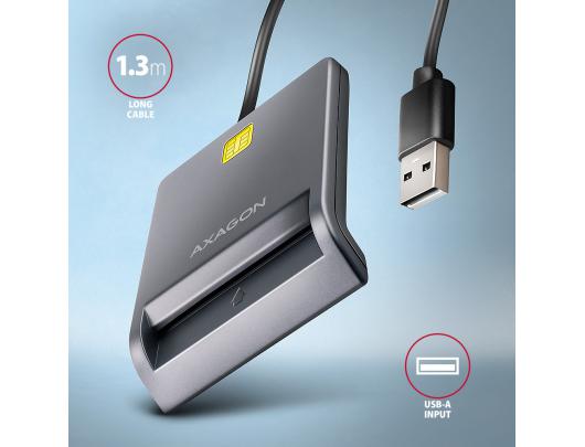 Kortelių skaitytuvas AXAGON CRE-SM3T, kompaktiškas stalinio tipo USB kontaktinis Smart/ID kortelių skaitytuvas su ilgu USB-A kabeliu, USB 2.0/USB 1.1